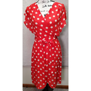 Monteau Dress Women Large Orange Red Polka Dot Sleeveless Wrap V Neck Drawstring